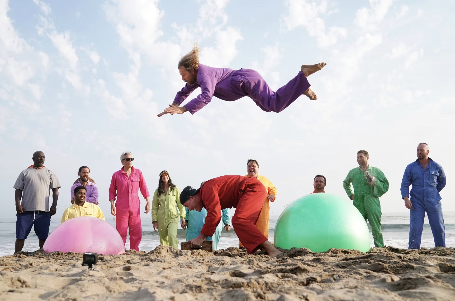 Jackass beach stunt with a man flying through the air