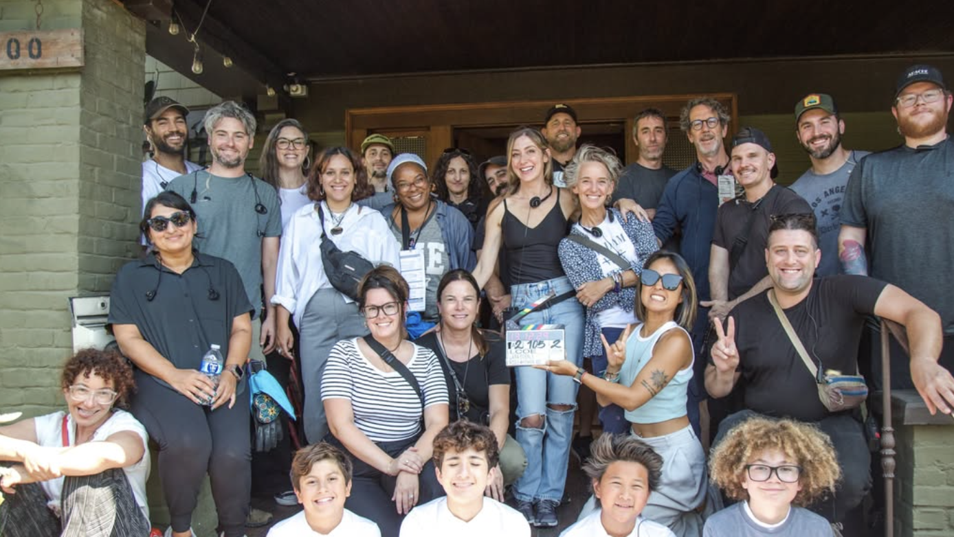 Cast and crew gathered for a Swing Left production